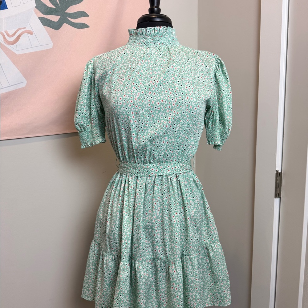 Influence Green and White Floral Tiered Ruffled Dress with Puff Sleeves